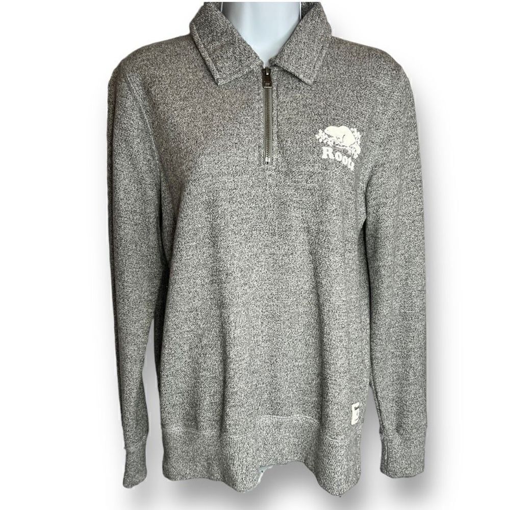 ROOTS Sweater Original Zip Polo Women’s Medium 1/4 Zip Salt Pepper Long Sleeve